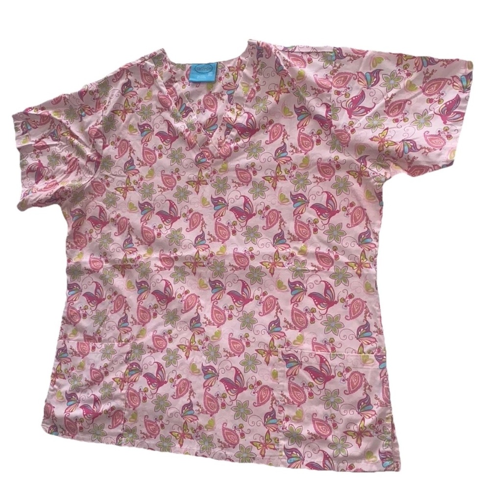 Women’s Pink Scrub Top Plus Size 3XL Butterfly & Flowers With Pockets Medical